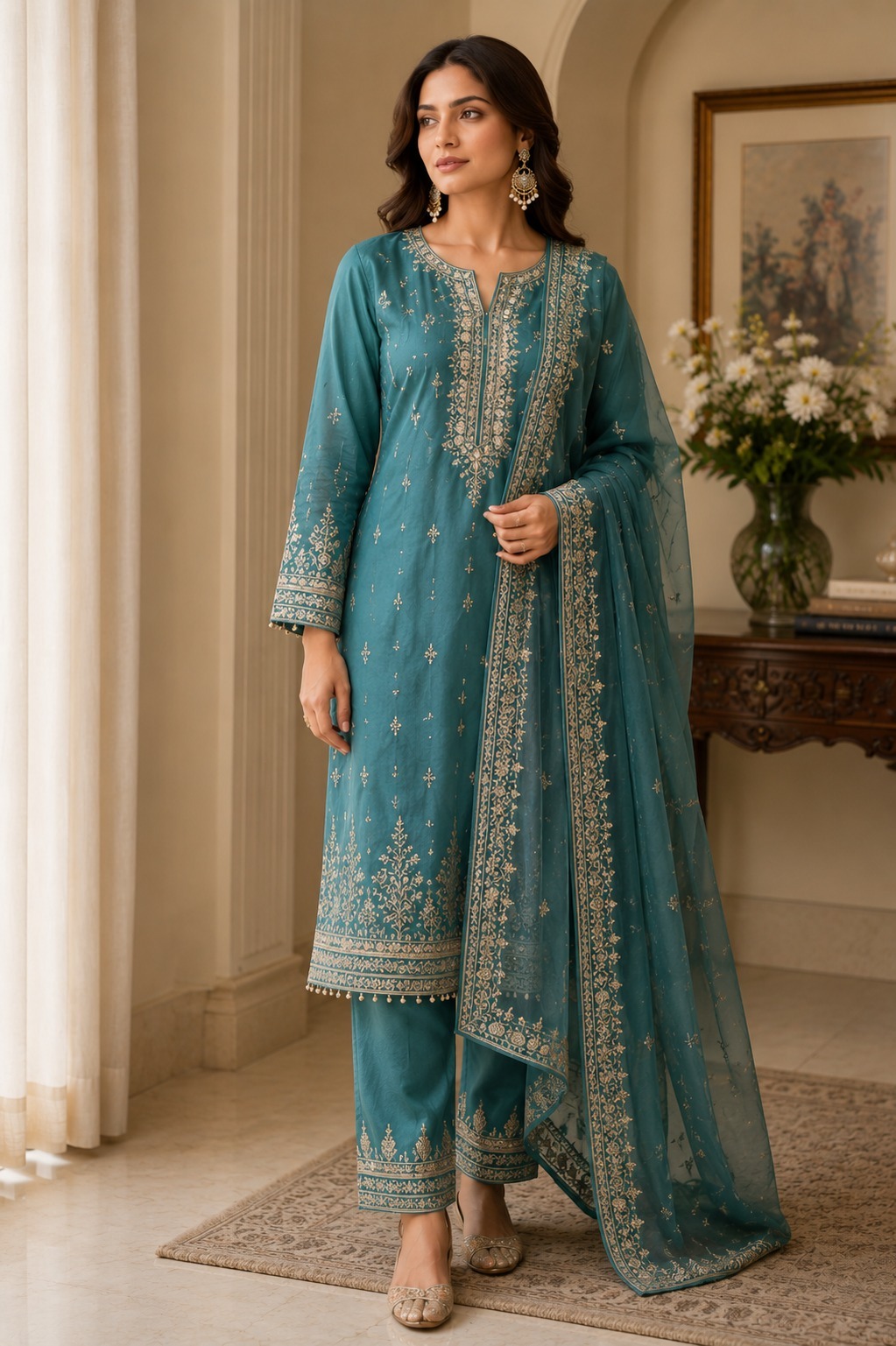 Teal Blue Embroidered Kurti Set
